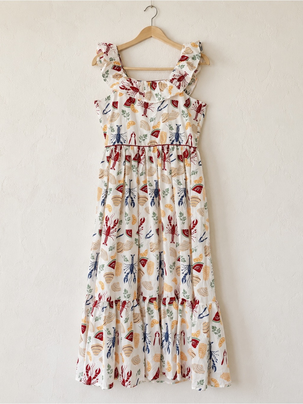 Sperry Lobster Boil Summer Print Ruffle Cotton Maxi Dress Size Large NWT
